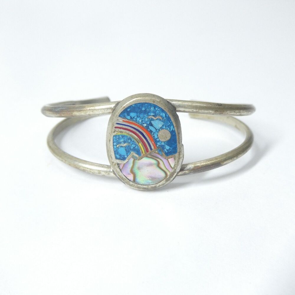 Rainbow Inlaid Mosaic Cuff Bracelet Vintage Silver Mexico